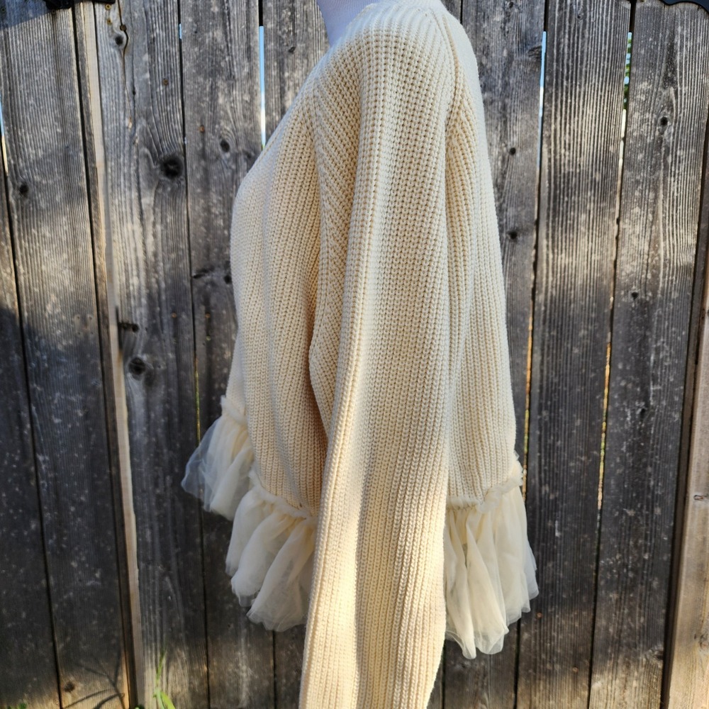 Cream Rib-Knit Open Front Cardigan Tulle Ruffle Hem Coquette Feminine Romantic - Picture 4 of 10